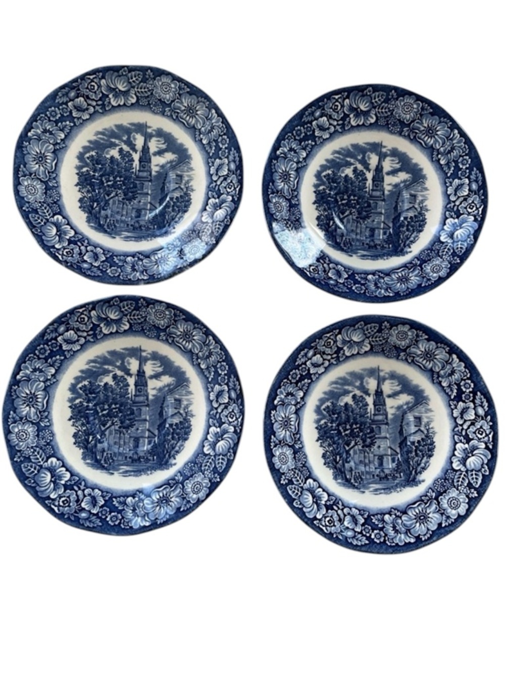 Staffordshire Ironstone Liberty Blue Tea Cup Saucers Old North Church Set Of 4